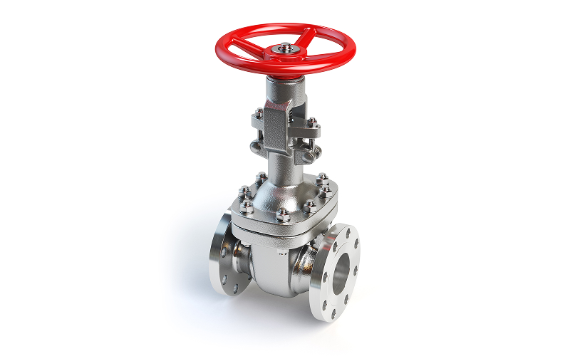 Industrial stainless steel gate valve with a red handwheel.