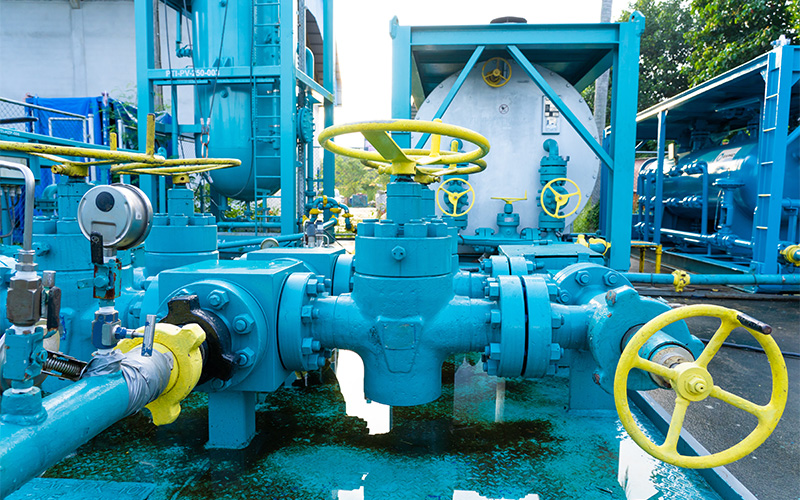 Large outdoor piping networks are shown in both vibrant green and silver, featuring numerous manual handwheel valves.